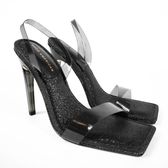 Good American Black Glitter Strappy High Heels Women 10 Square Open Toe Party - Picture 1 of 8